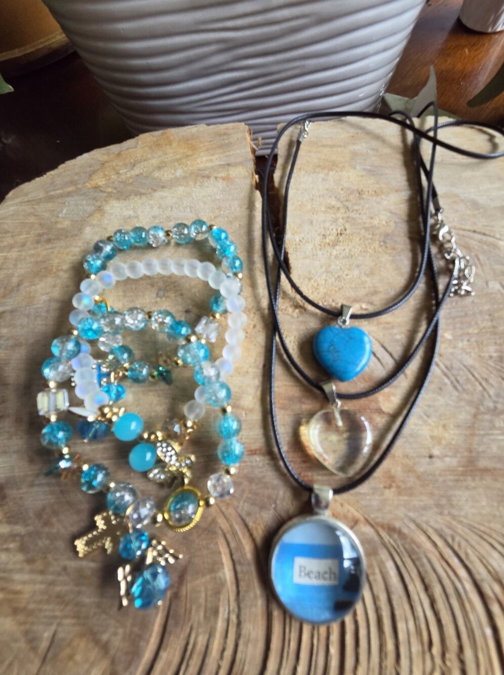 Handcrafted  Set Of 6Blue Glass beaded Stretch Bracelets & Stone Heart Necklaces